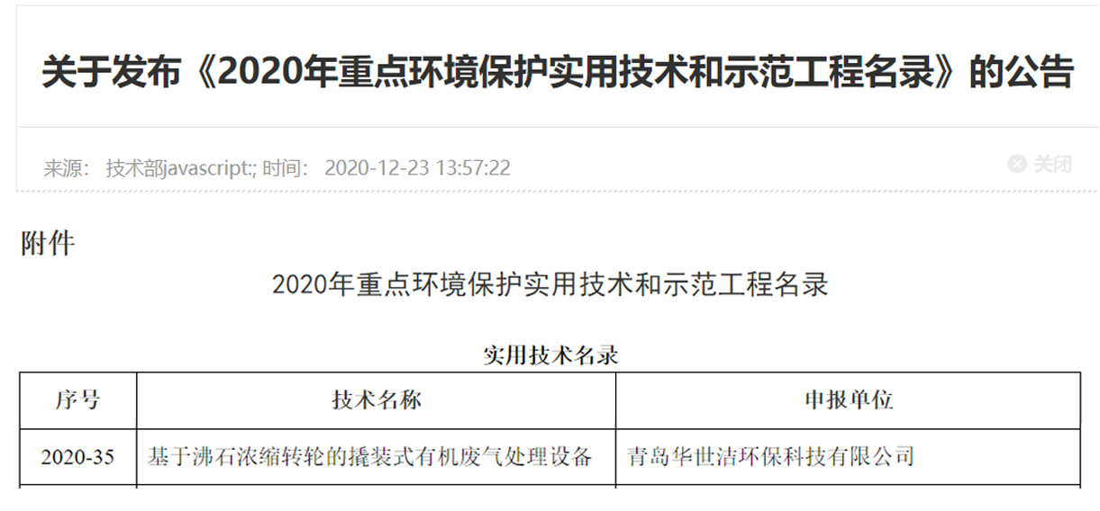 喜訊！華世潔環(huán)保撬裝式一體機(jī)設(shè)備列入《2020年重點環(huán)境保護(hù)實用技術(shù)和示范工程名錄》(圖1)